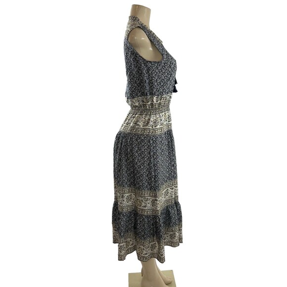 Sea New York Sabine Dress Size 4 Silk Blue Printed Midi Tassel Sleeveless Boho - Picture 7 of 12